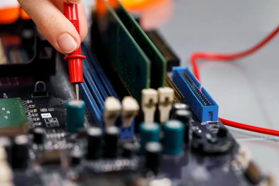 Técnico reparando la tarjeta electrónica de un equipo de sonido